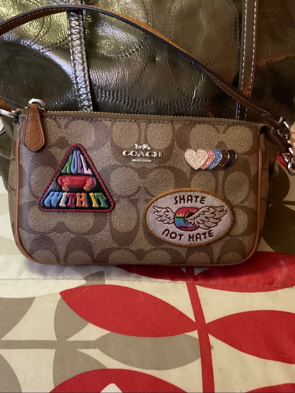 Coach Brown Signature Canvas Mini Wristlet with Multicolor Patch Accents